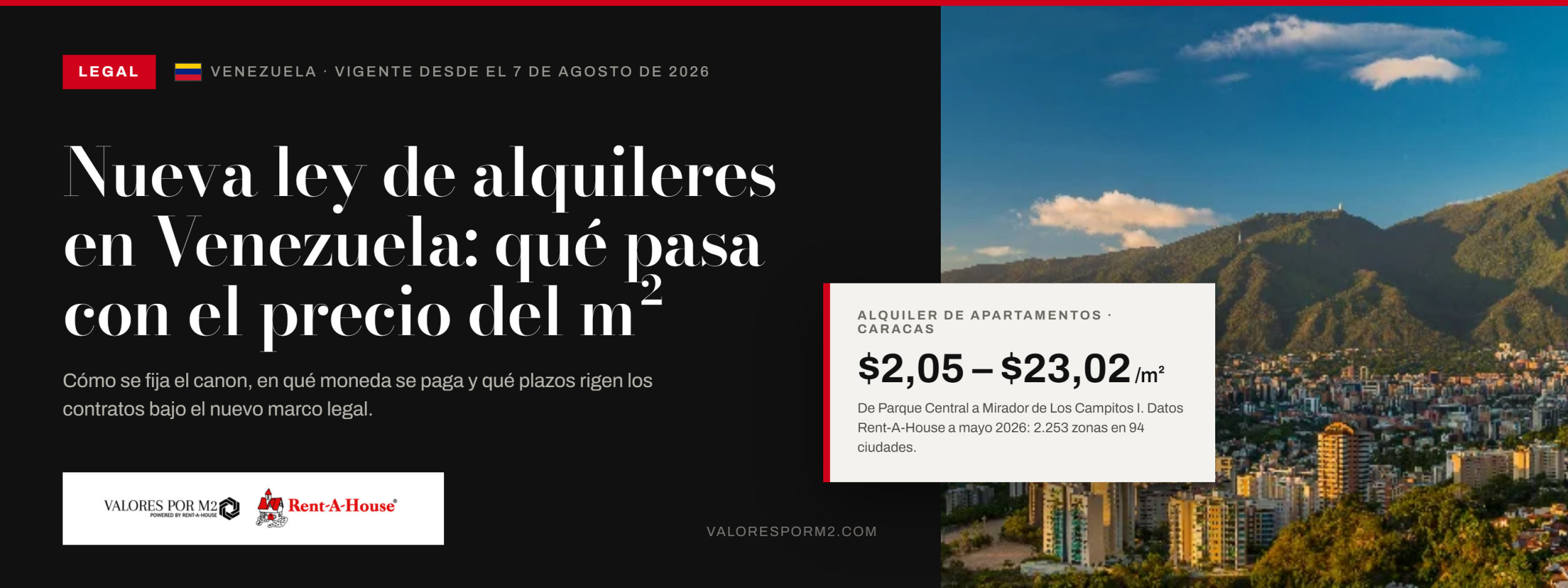 Nueva ley de alquileres en Venezuela vigente desde el 7 de agosto de 2026: el alquiler de apartamentos en Caracas va de 2,05 a 23,02 dólares por m², sobre una vista de la ciudad y el Ávila